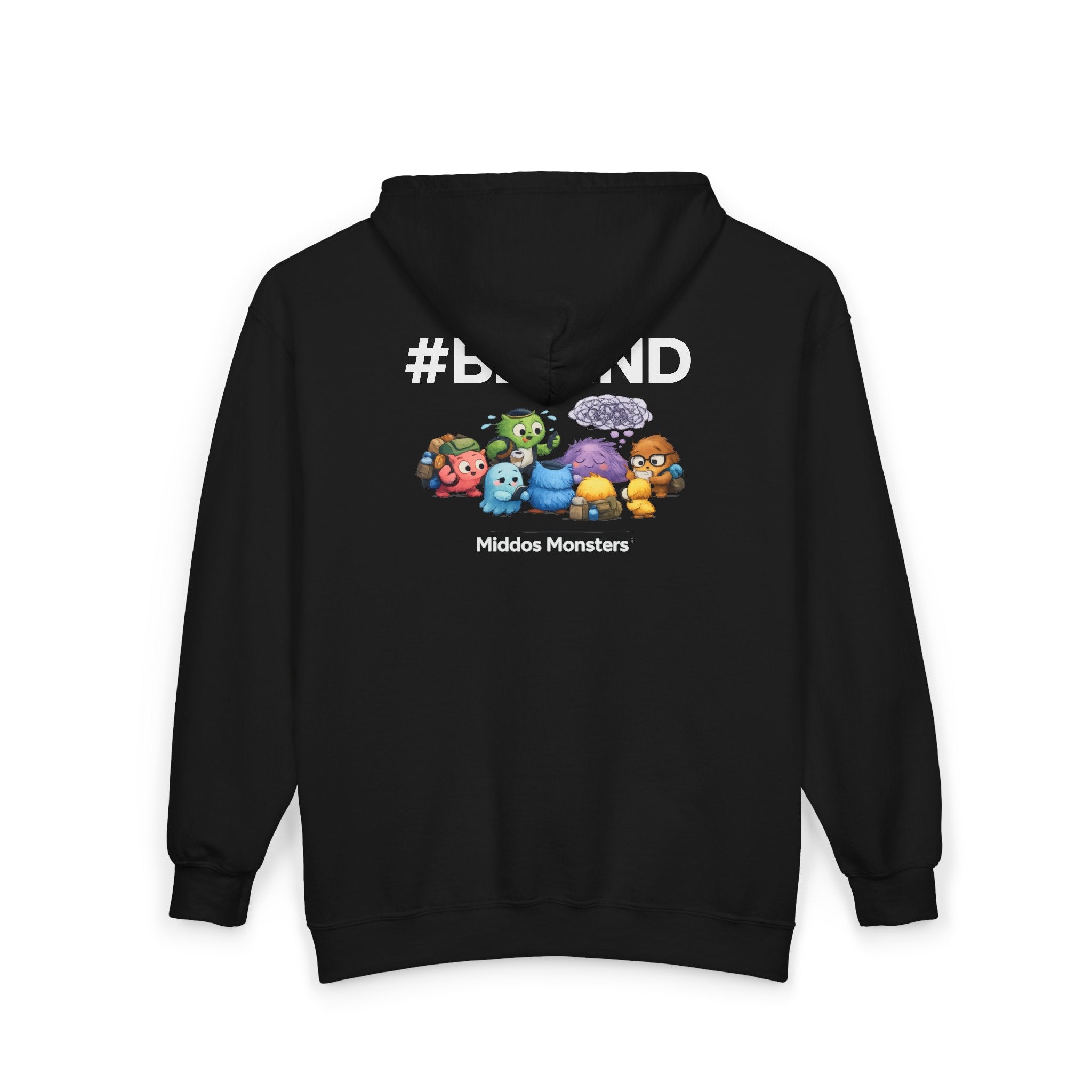 #BeKind Hoodie – Middos Monsters Zip-Up | Kindness, Anti-Bullying, Unisex Black Sweatshirt