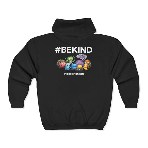 #BeKind Hoodie – Middos Monsters Zip-Up | Kindness, Anti-Bullying, Unisex Black Sweatshirt